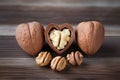 Three heart shaped walnuts aligned in a charming row