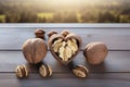 Three heart shaped walnuts aligned in a charming row