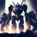 Three heavy robots coming in warzone digital art Royalty Free Stock Photo