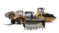 Three heavy wheeled front loaders or bulldozers on a white isolated background. Construction equipment and transport.