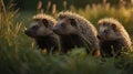 Three Little Hedgehogs Exploring the Meadow at Dusk, a Charming Nature Scene Royalty Free Stock Photo