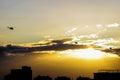 Three helicopters fly over the city in the evening during sunset