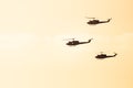 Three helicopters flying against sunlight background