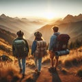 Three hikers admiring a sunrise over misty mountains, embodying the spirit of adventure and exploration.