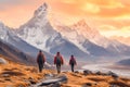 Three hikers walk towards a mountain during sunrise, embracing adventure.