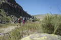 Three hikers climbing the Sierra de Gredos in Avila, Castilla Leon, Spain, Europe.