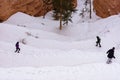 Three hikers hiking down a snow covered path in the winter in Bryce Canyon National Park, Utah, United States of America