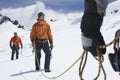 Three hikers joined by safety line in snowy mountains mid section on front man Royalty Free Stock Photo