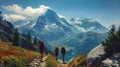 Three hikers traverse a mountain pass with a view of a snow-capped peak in the distance