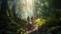 Three people walking down a trail in the woods Royalty Free Stock Photo