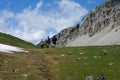 Three hikers walking along a mountain trail in Piedmont, Italy Royalty Free Stock Photo