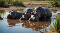 Three Hippos Relaxing in a Muddy Waterhole on a Sunny Day Royalty Free Stock Photo