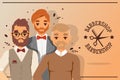 Three hipster barber men with beard and barbershop logo with scissors and comb vector illustration for hair salon banner