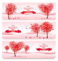 Three Holiday banners. Valentine trees with heart-shaped leaves.