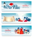 Three Holiday Christmas banners with 2019 and gift boxes. Royalty Free Stock Photo