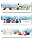 Three Holiday Christmas banners with presents, magic box and 2020 Royalty Free Stock Photo