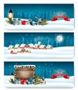 Three Holiday Christmas banners with a winter village Royalty Free Stock Photo