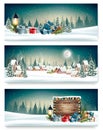 Three Holiday Christmas banners with a winter village Royalty Free Stock Photo