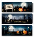 Three Holiday Halloween Banners with Pumpkins.