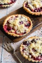 Three home baked plum crumble tarts Royalty Free Stock Photo