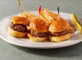 Cheeseburger sliders with French fries on a white plate Royalty Free Stock Photo