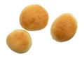 Three homemade yeast rolls isolated on a white background top view