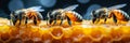 Three honey bees working on a honeycomb. Generated by AI Royalty Free Stock Photo