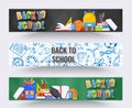 Three horizontal back to school banners. Backpack, basketball ball, pen and school supplies on colorful background. Back to school Royalty Free Stock Photo