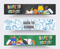 Three horizontal back to school banners. Backpack, basketball ball, pen and school supplies on colorful background. Back Royalty Free Stock Photo