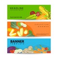 Three horizontal banners with colorful vegetables and fruits in realistic style vector illustration Royalty Free Stock Photo