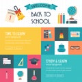 Three horizontal banners with school and education icons. Back to school. Flat and metro design. Royalty Free Stock Photo