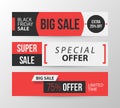 Three horizontal Black Friday banners in retro black and red style