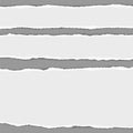 Three horizontal torn paper stripes with shadow placed on gray background. Vector realistic ripped paper notes