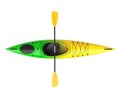 Three horizontal view of yellow green crossover kayak with paddle. Whitewater and river running kayak. 3D render