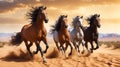 Three horse with long mane run gallop in desert Royalty Free Stock Photo
