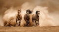 Three horses run gallop in the dust. Royalty Free Stock Photo