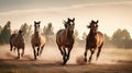 Three horses run gallop in the meadow at sunset time Royalty Free Stock Photo