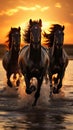 three horses running together through the water at sunset or sunrise Royalty Free Stock Photo