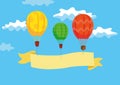 Three Hot air balloons with ribbon in the sky with clouds. Vector illustration Royalty Free Stock Photo