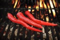 Three Hot Chili Peppers On The Flaming BBQ Grill