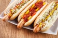 Three hot dogs closeup