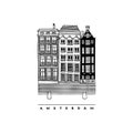 Three houses on the Damrak Avenue. Central streets, houses, and canals of Amsterdam, Netherlands. Hand-drawn collection. Royalty Free Stock Photo