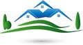 Three houses and meadow, real estate and houses Logo