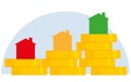 Three houses on piles of new coins vector illustration