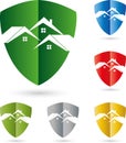 Three houses, roofs, coat of arms, real estate logo