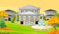 Three Houses With Trees and Water Fountain in Autumn Cartoon Vector Illustration