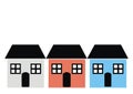 Three houses with window, door, and roof, various colours, vector icon