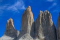 The three huge granite towers at the end of the W walk in Torres del Paine National Park Royalty Free Stock Photo