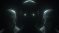 Three human head with neon in eyes, 3d rendering. Computer generated futuristic background.