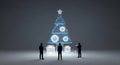 Three human silhouettes stand before a floating blue wireframe Christmas tree concept featuring glowing data streams, captured in Royalty Free Stock Photo